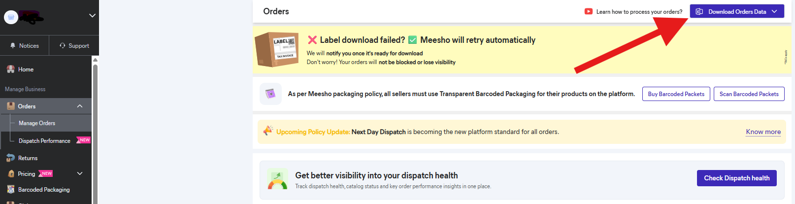 On the Orders page, click Download Orders Data in the top right