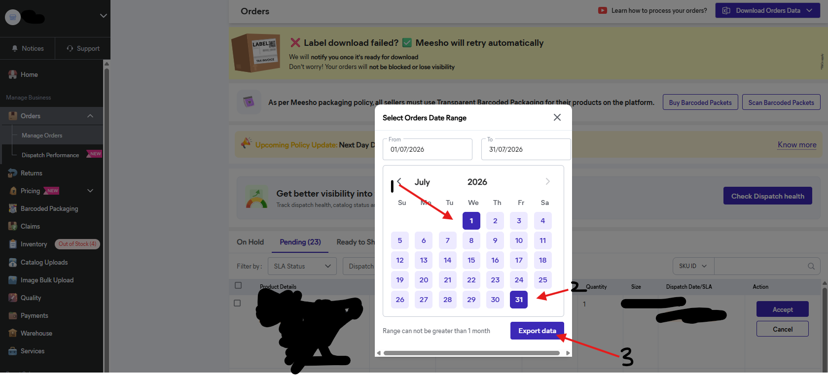 Pick a date range and click Export data