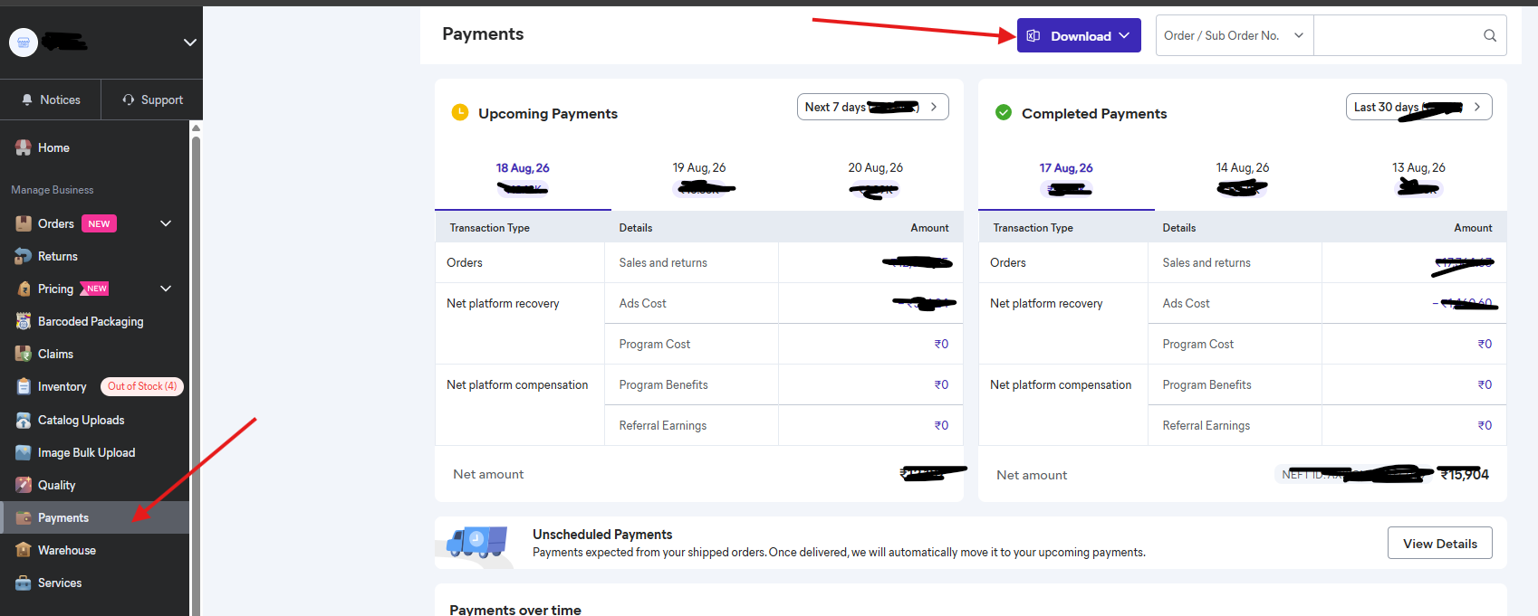 On the Payments page, click Download in the top right