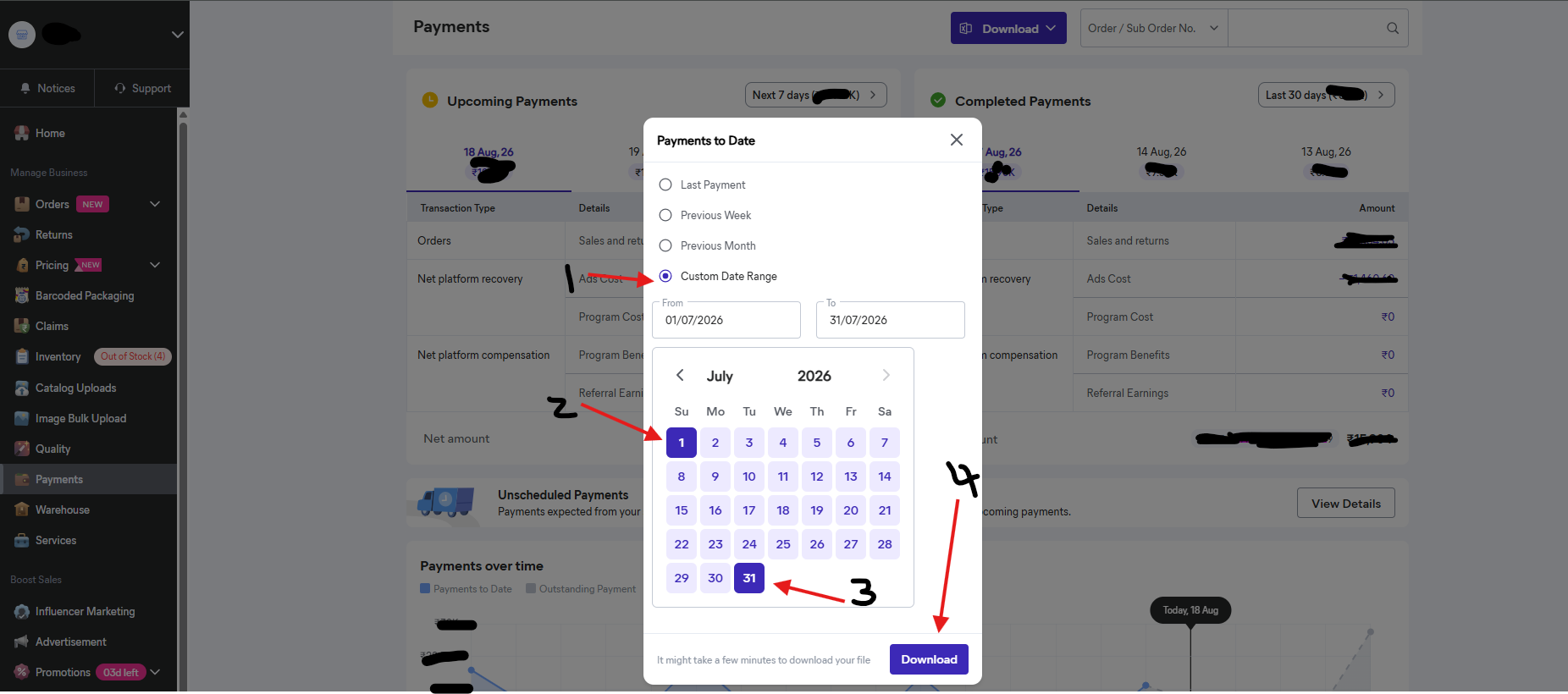 Choose Custom Date Range, pick dates, then click Download